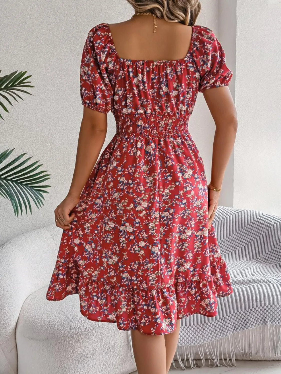 Ruffled Hem Floral Puff Sleeve Dress