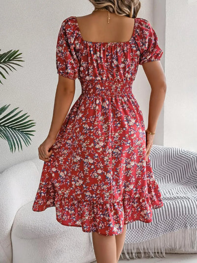 Ruffled Hem Floral Puff Sleeve Dress