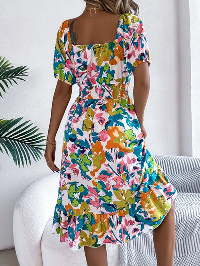 Ruffled Hem Smocked Floral Short Sleeve Midi Dress