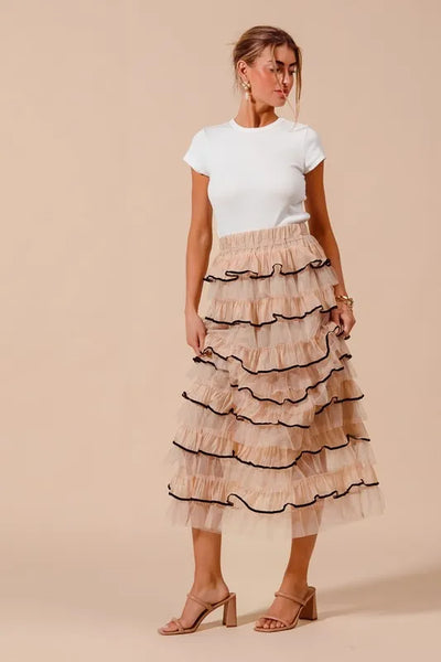 SO ME Layered Ruffled Tulle Maxi Skirt