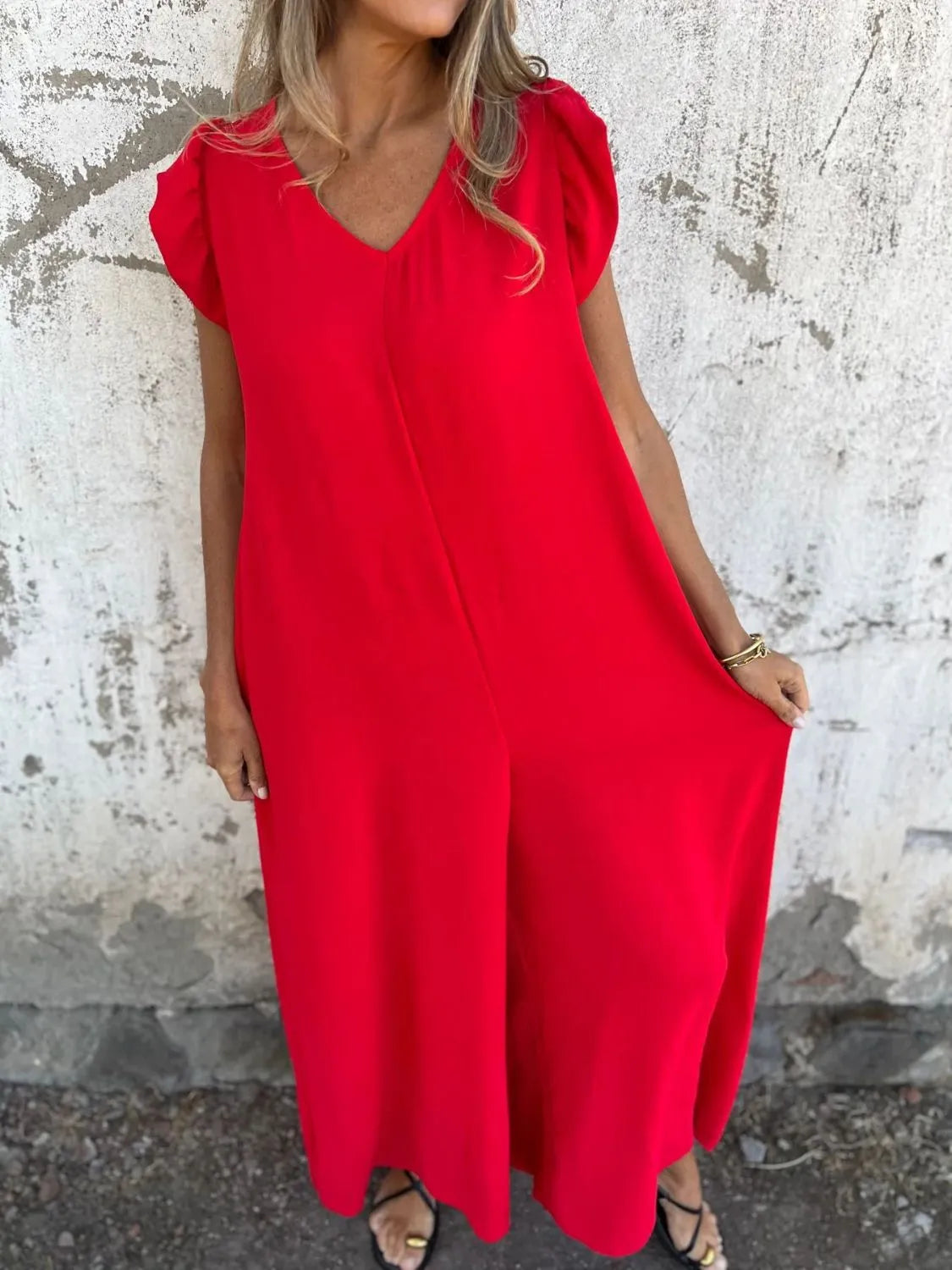 Full Size V-Neck Cap Sleeve Wide Leg Jumpsuit Plus Size