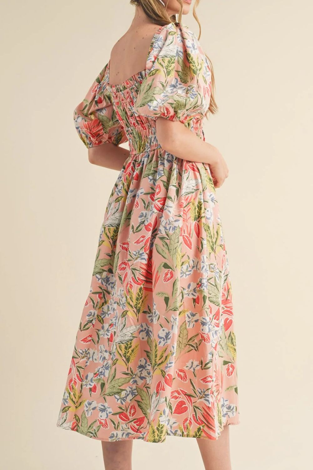 Floral Smocked Square Neck Puff Short Sleeve Midi Dress