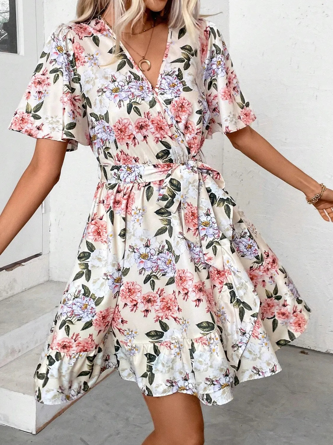 Printed Surplice Short Sleeve Mini Dress