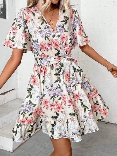 Printed Surplice Short Sleeve Mini Dress