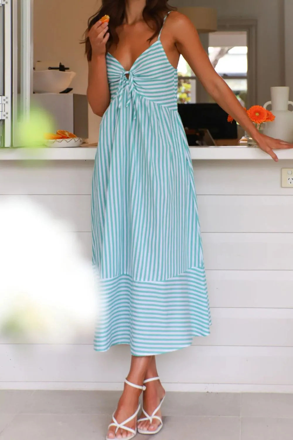 Smocked Back Striped Sleeveless Midi Cami Dress