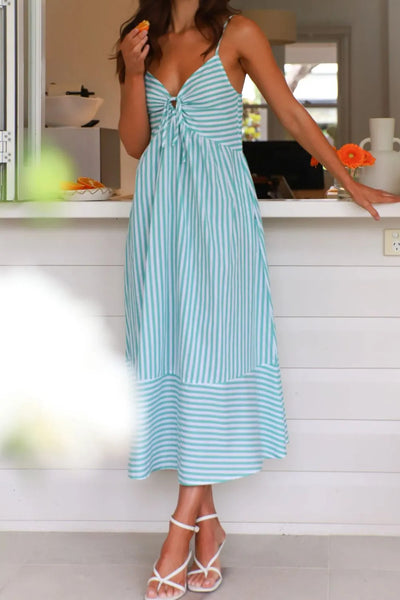 Smocked Back Striped Sleeveless Midi Cami Dress
