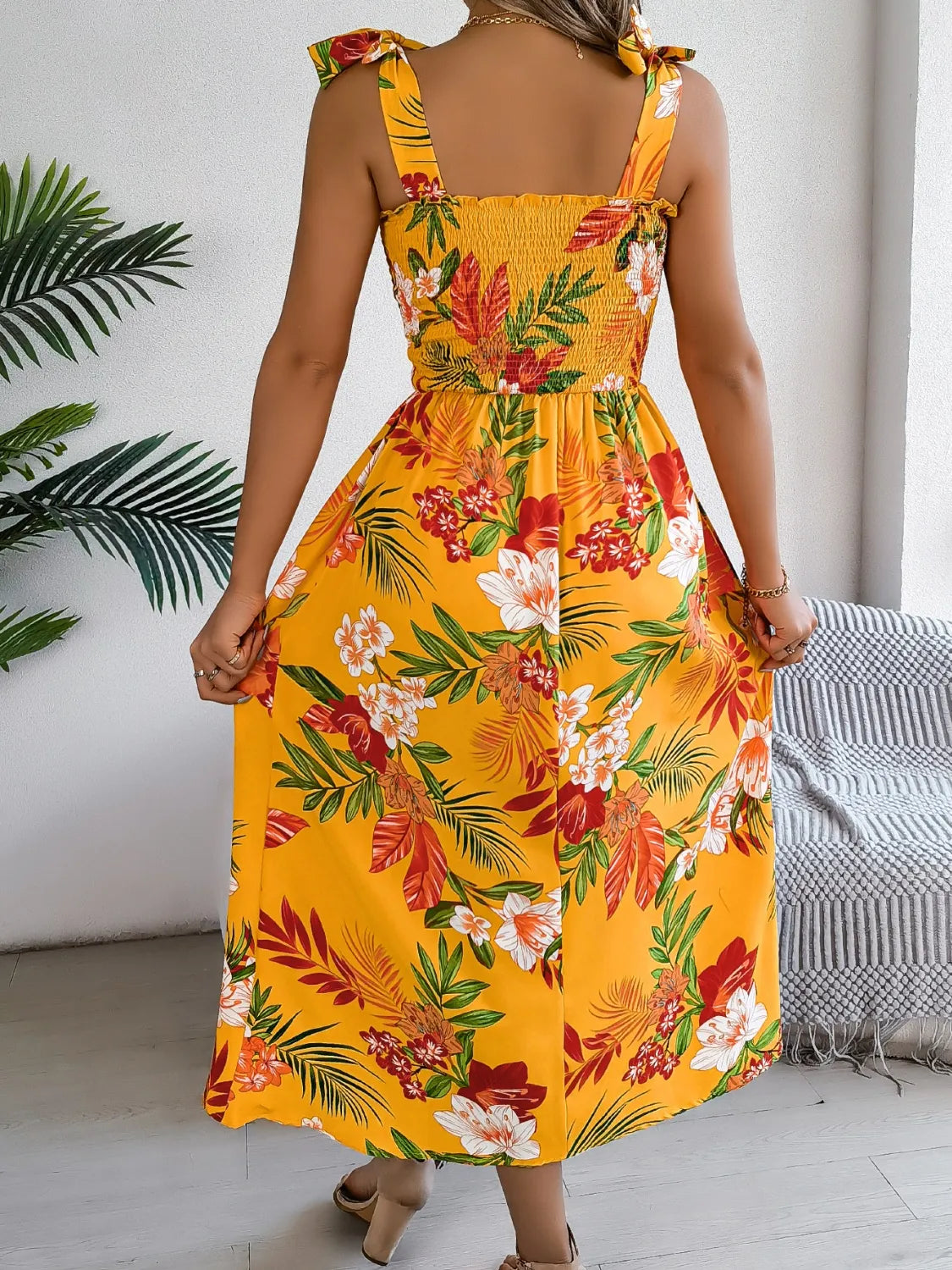 Smocked Floral Tie Shoulder Midi Dress