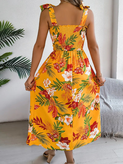 Smocked Floral Tie Shoulder Midi Dress