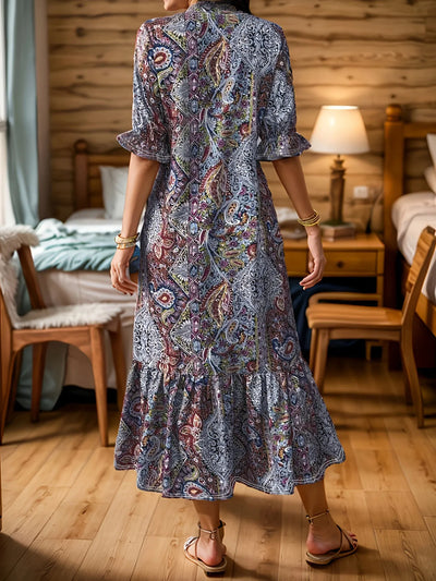 Full Size Bohemian Paisley Print Ruffle Hem Midi Dress Plus Size