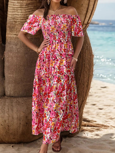 Perfee Slit Floral Off-Shoulder Short Sleeve Dress