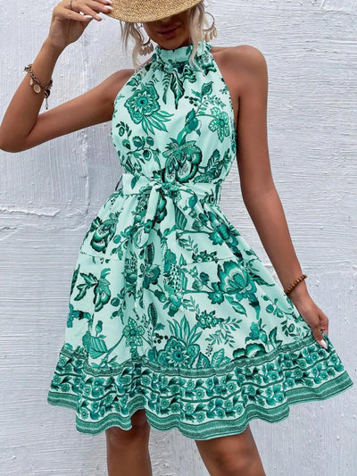 Printed Tie Waist Mini Dress
