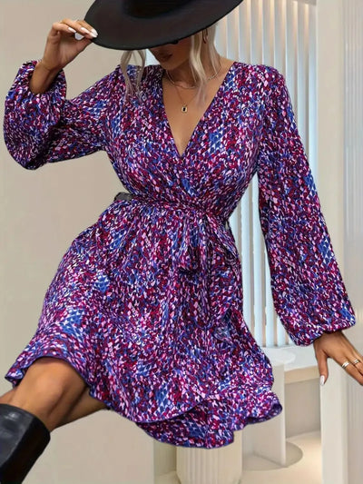 Printed Surplice Balloon Sleeve Mini Dress