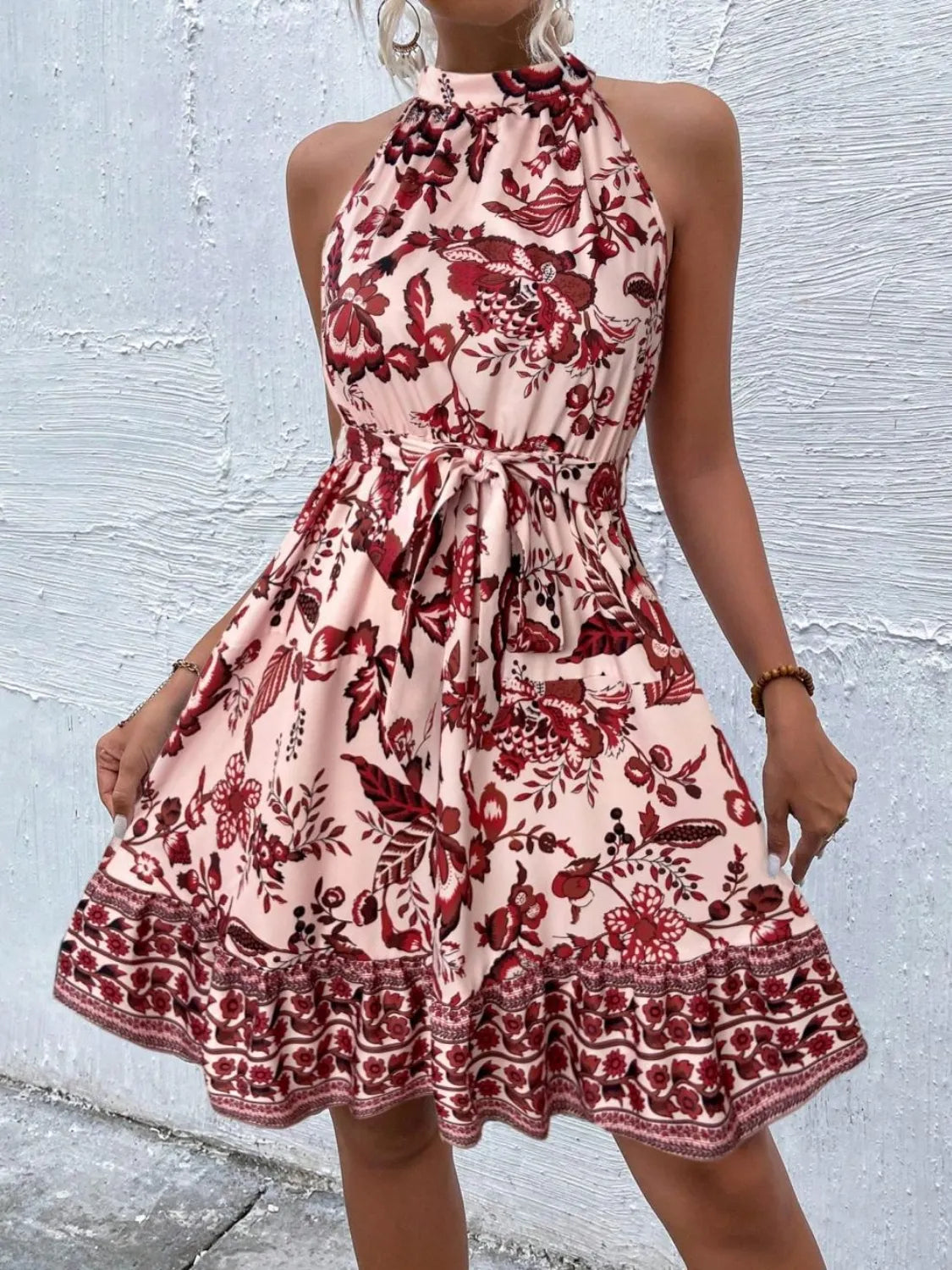 Printed Tie Waist Mini Dress