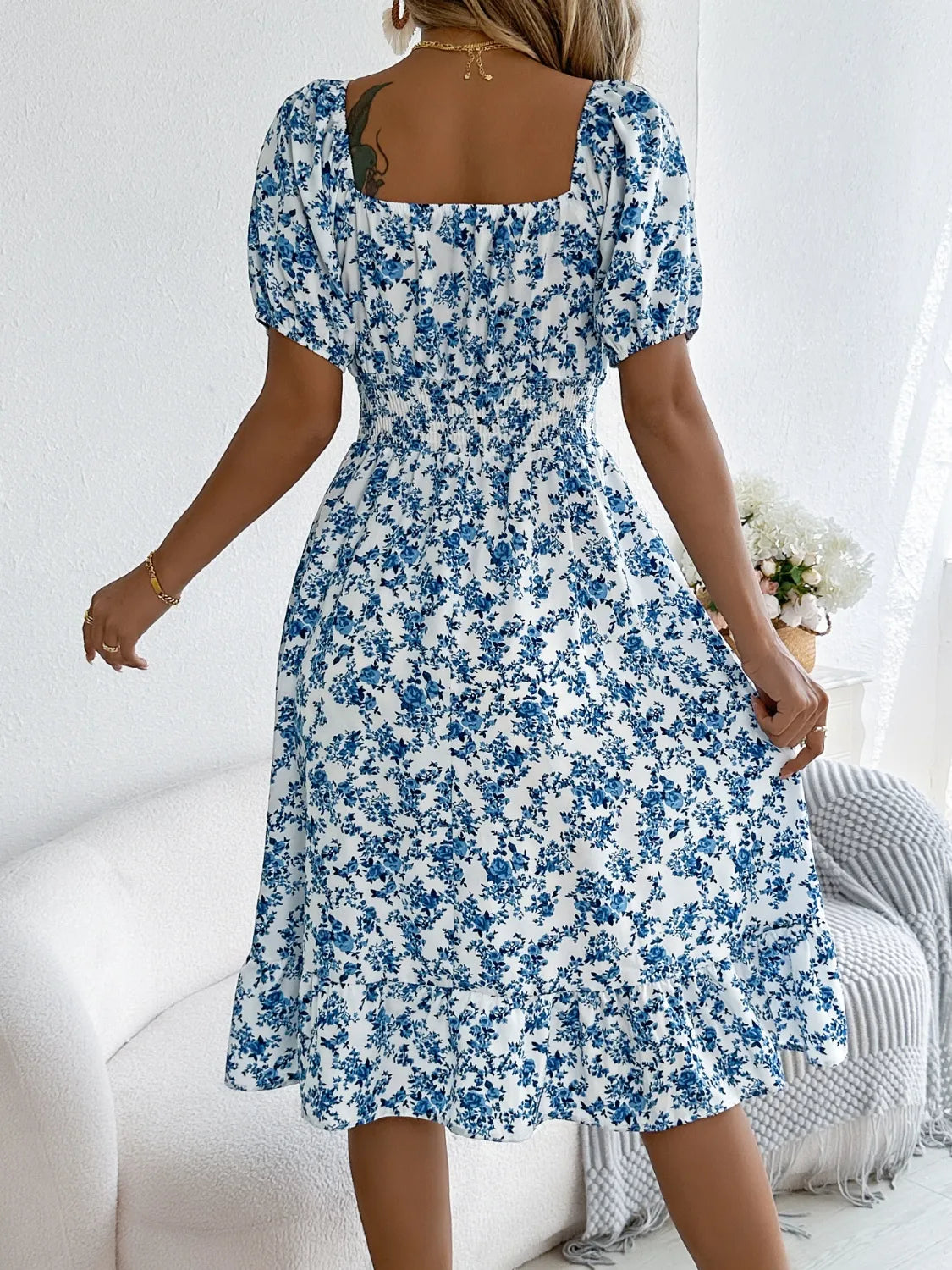 Ruffled Hem Floral Puff Sleeve Dress