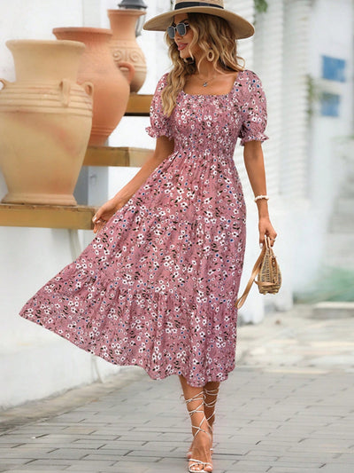 Floral Square Neck Short Sleeve Tiered Dress