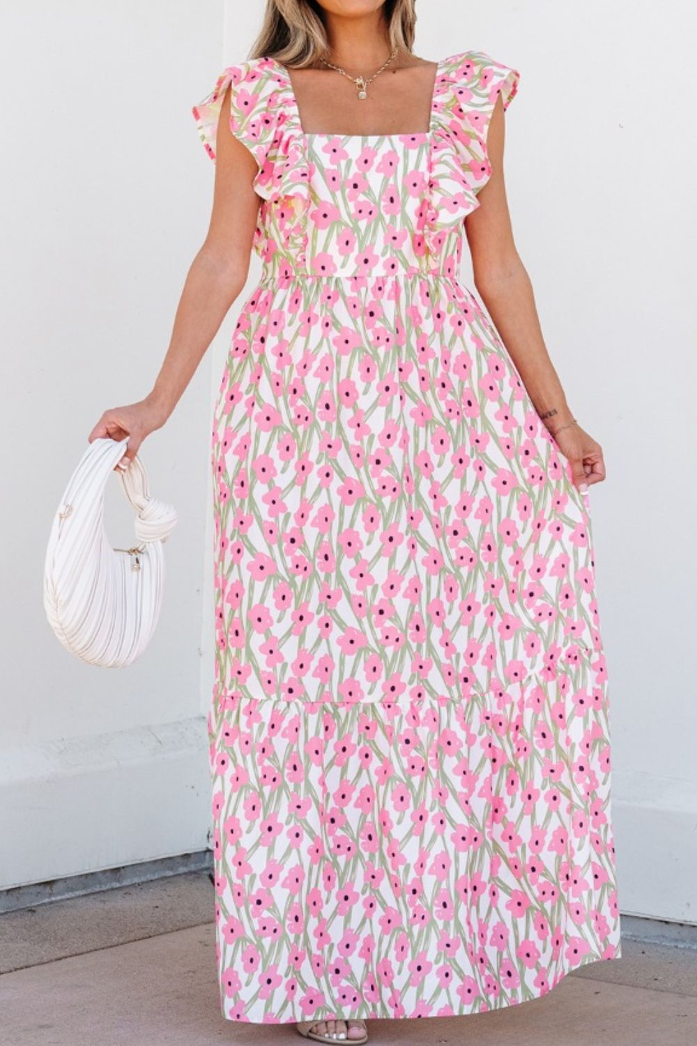 Floral Print Square Neck Ruffled Cap Sleeve Maxi Dress