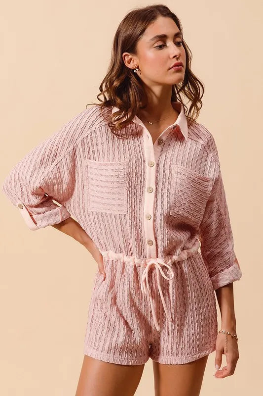 SO ME Textured Knit Button Front Romper