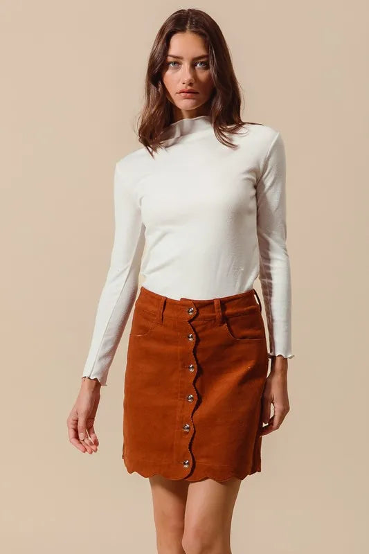 SO ME Scallop Buttoned Front Corduroy Mini Skirt