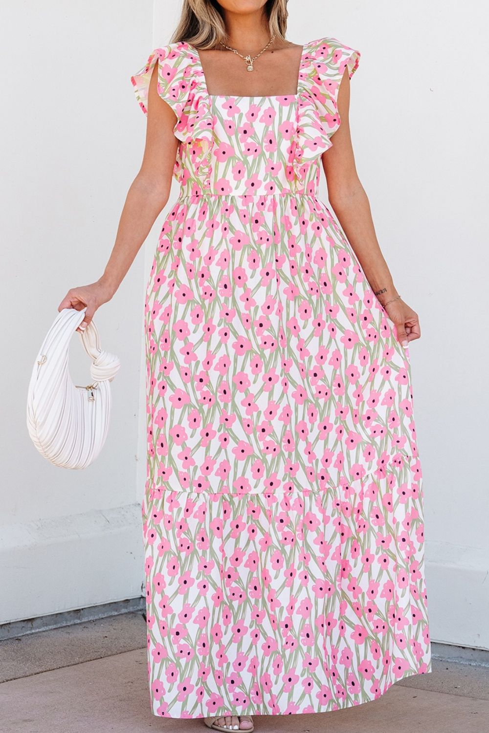 Floral Print Square Neck Ruffled Cap Sleeve Maxi Dress