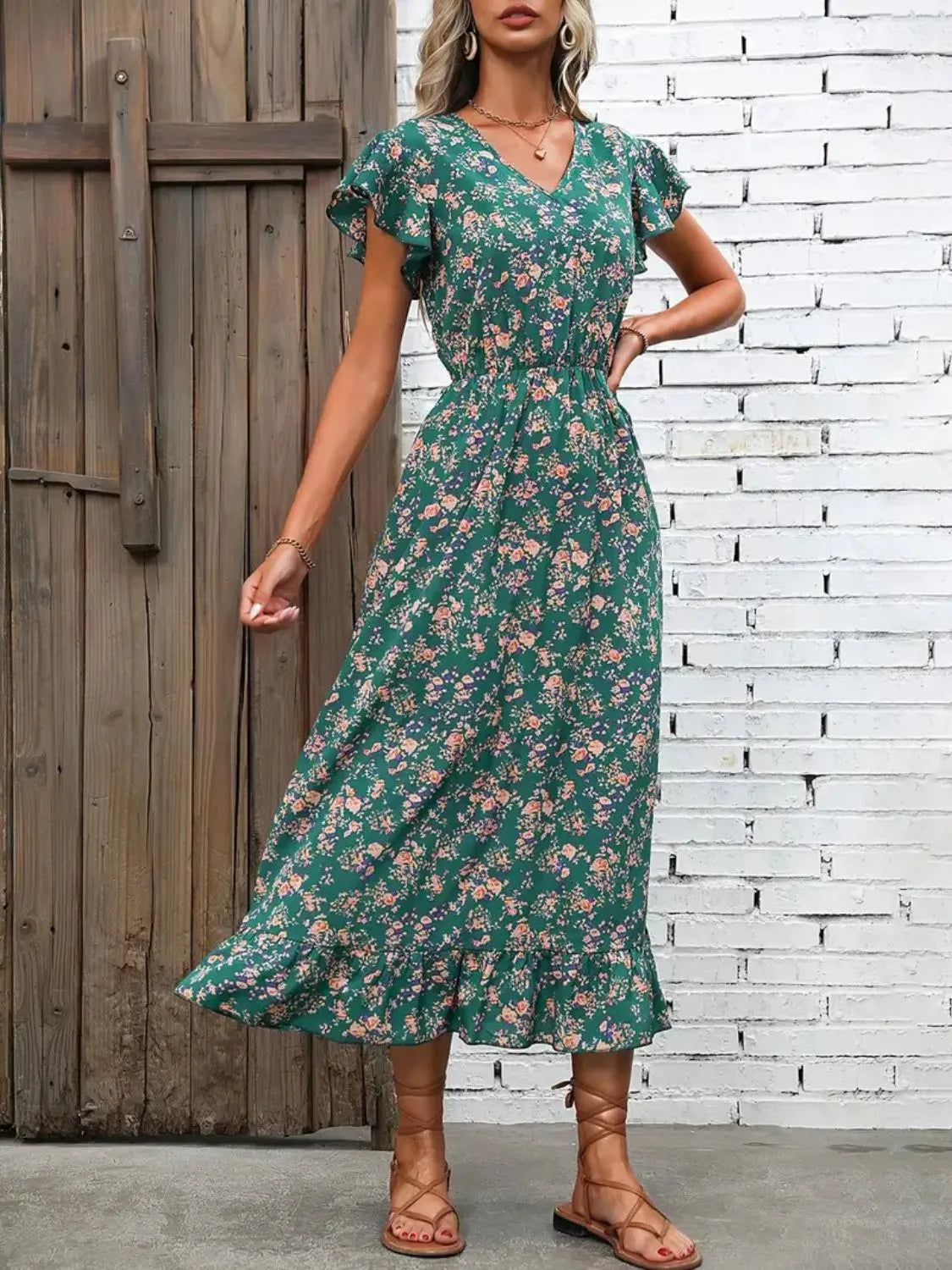 Ruffled Floral V-Neck Cap Sleeve Dress