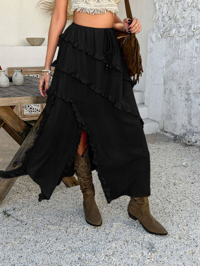 Devine Slit Drawstring Ruffled Skirt