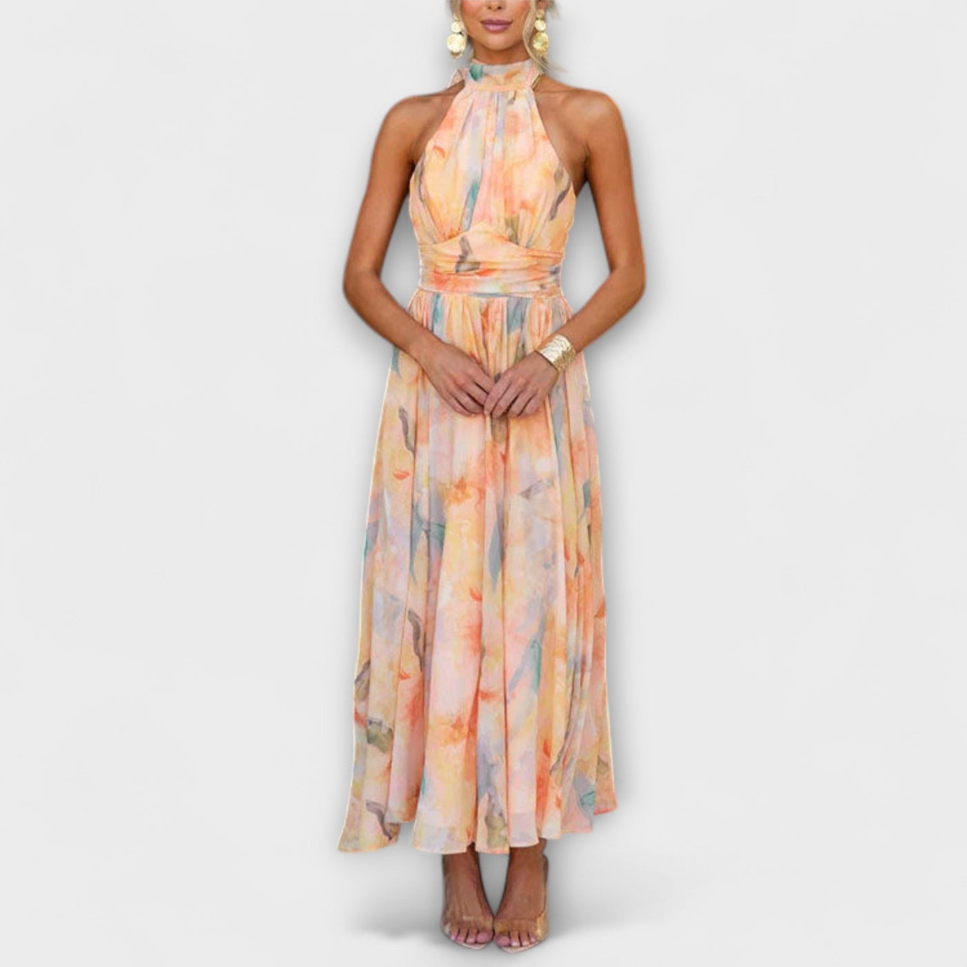 Halter Neck Aquarell Print Maxi Dress