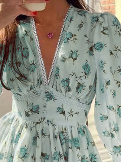 Lace Detail V-Neck Balloon Sleeve Dress