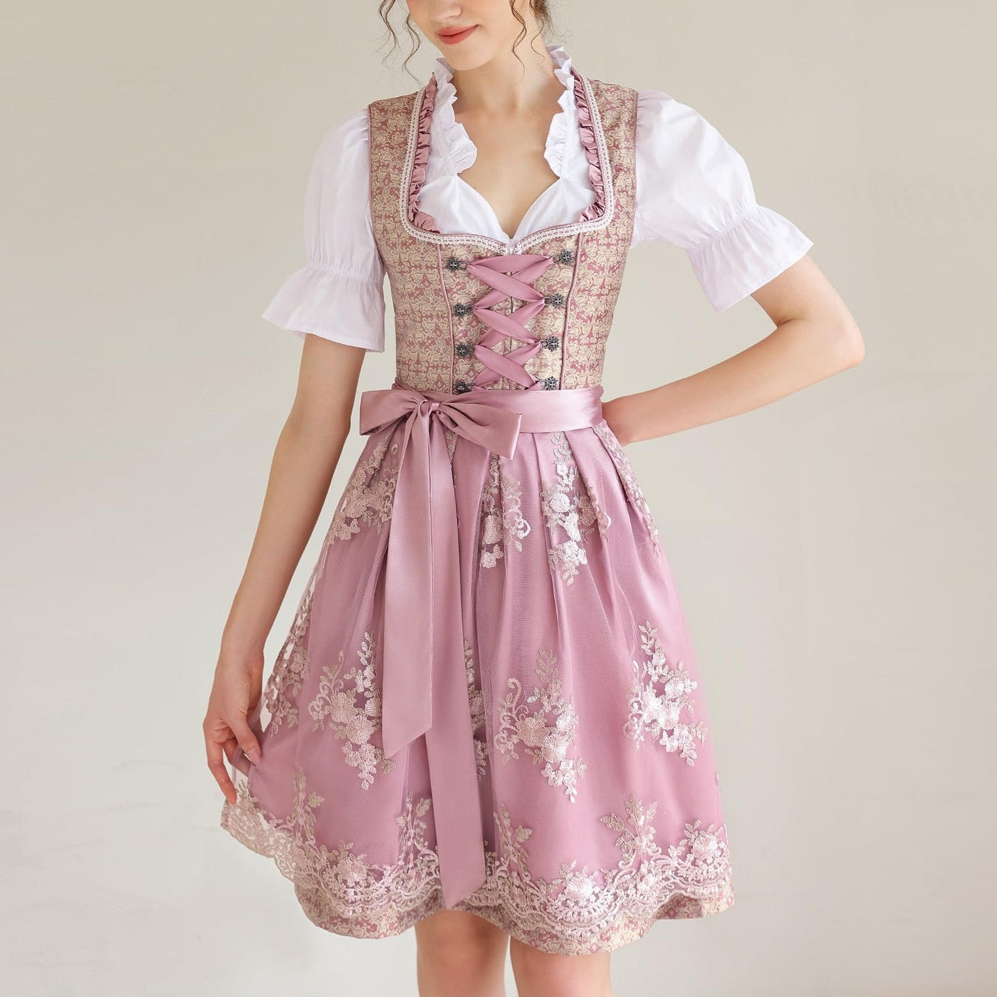 Oktoberfest Pink Dirndl Dress with Lace Apron and Blouse