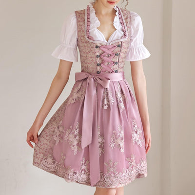 Oktoberfest Pink Dirndl Dress with Lace Apron and Blouse