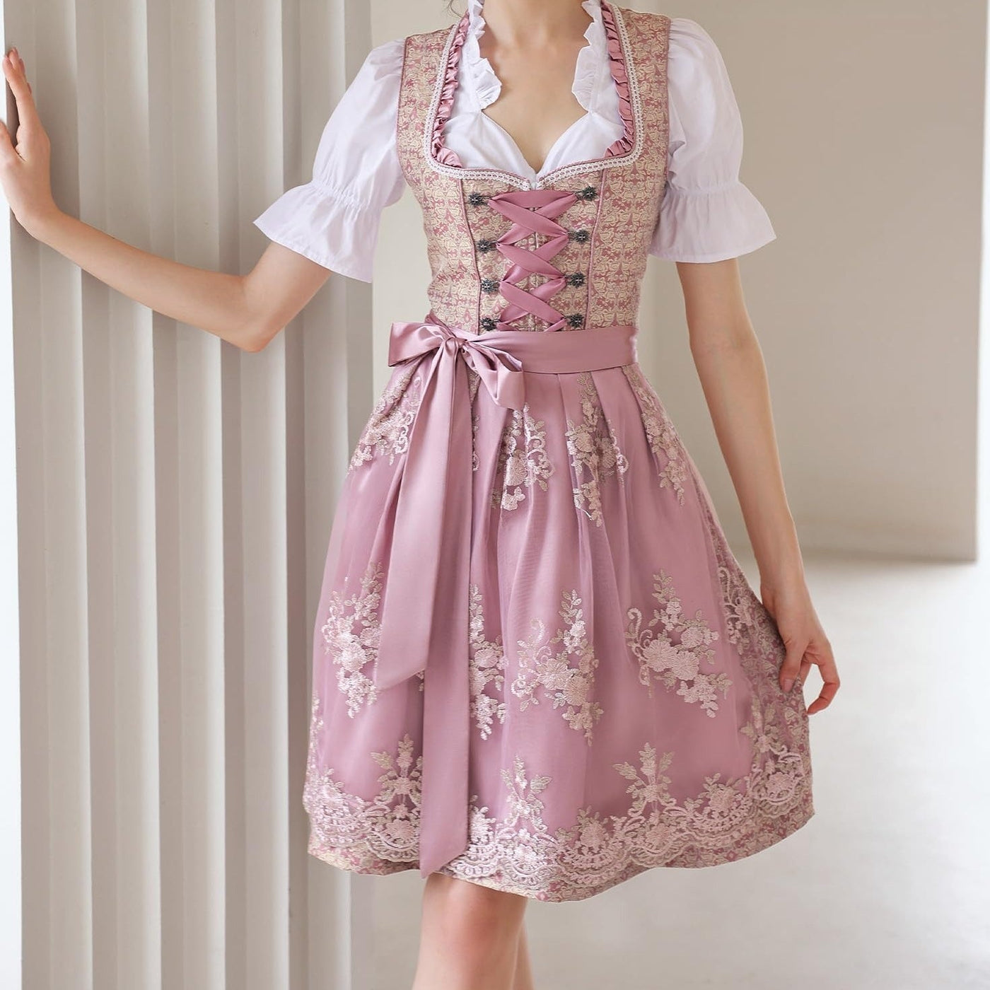 Oktoberfest Pink Dirndl Dress with Lace Apron and Blouse