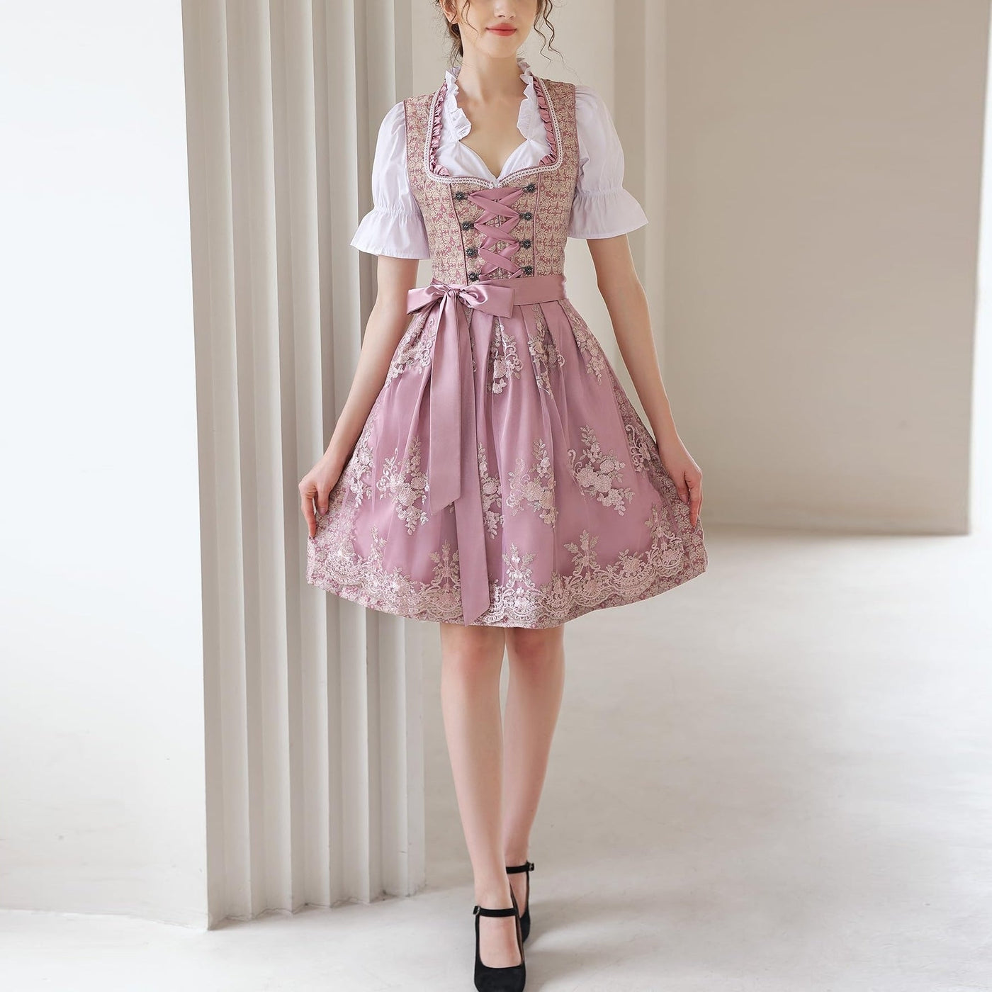 Oktoberfest Pink Dirndl Dress with Lace Apron and Blouse
