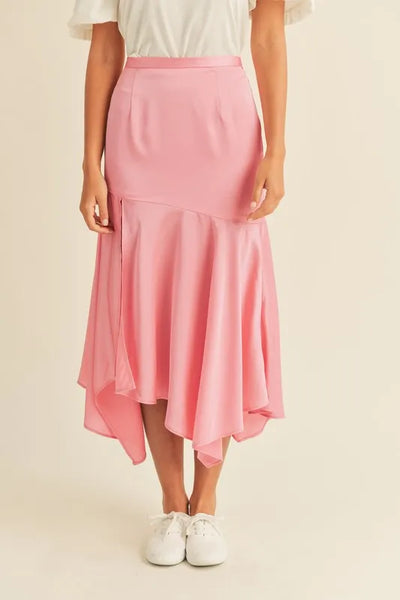 MABLE Satin Handkerchief Asymmetrical Hem Midi Skirt