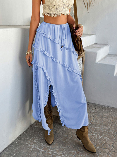 Devine Slit Drawstring Ruffled Skirt