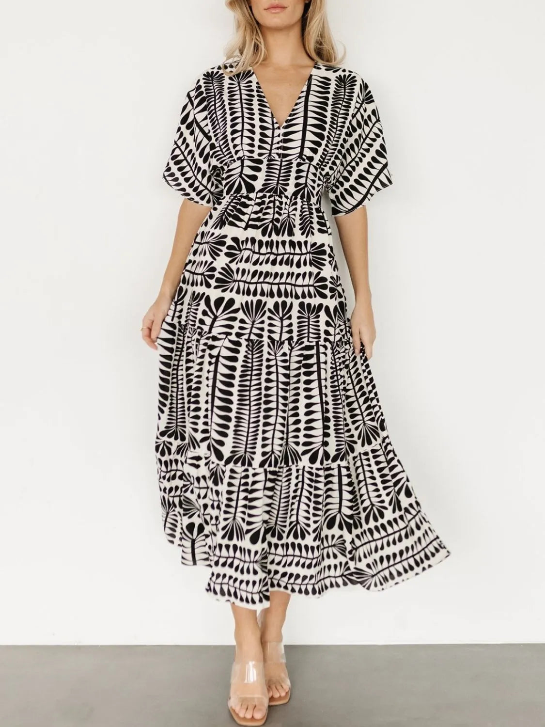 Ruched Printed V-Neck Half Sleeve Midi Dress