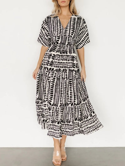 Ruched Printed V-Neck Half Sleeve Midi Dress