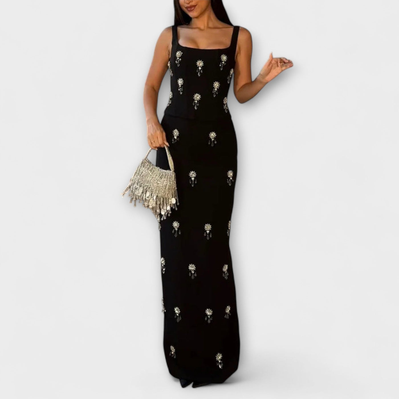 Aviane – Schwarzes Ensemble mit Perlen-Zipper-Top und Rock