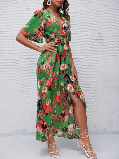 Printed Surplice Short Sleeve Maxi Dress