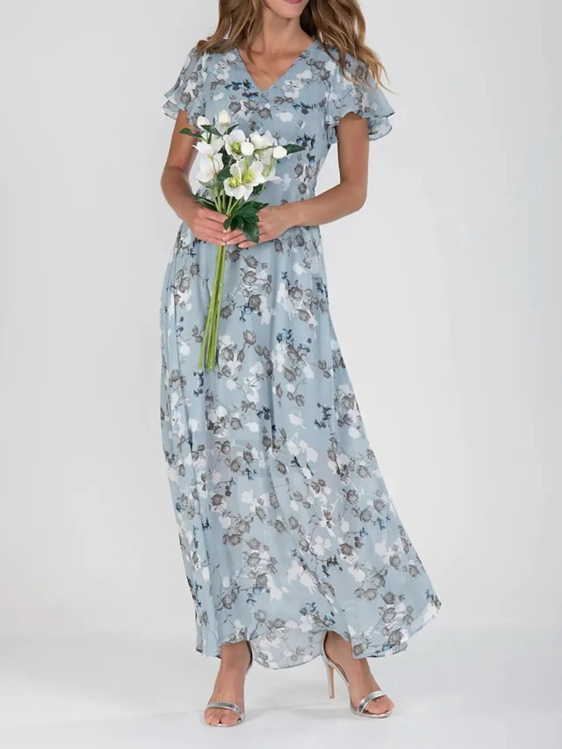 Floral V-Neck Flutter Sleeve Maxi Dress