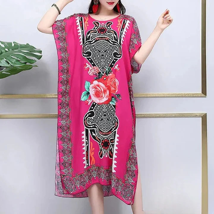 Glamouröse Eleganz | Ailany Langes Kleid mit V-Ausschnitt und Auffälligem Druckmuster