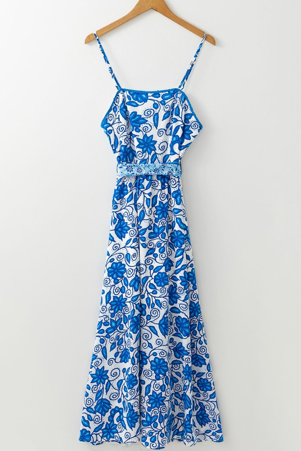 Floral Printed Spaghetti Strap Maxi Dress with Waist Tie