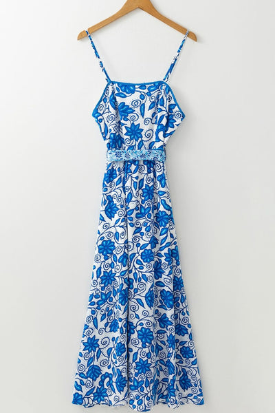 Floral Printed Spaghetti Strap Maxi Dress with Waist Tie