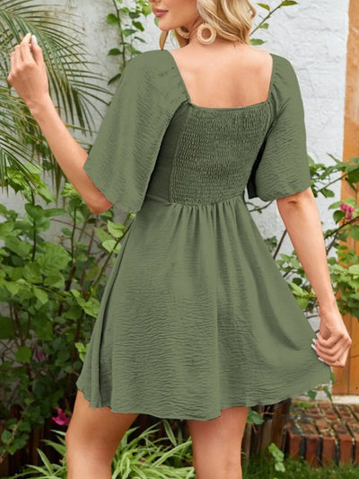 Smocked Back Knotted Flutter Sleeve Dress