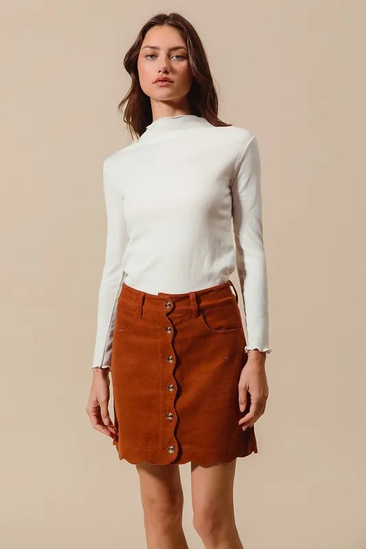 SO ME Scallop Buttoned Front Corduroy Mini Skirt