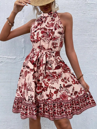 Printed Tie Waist Mini Dress