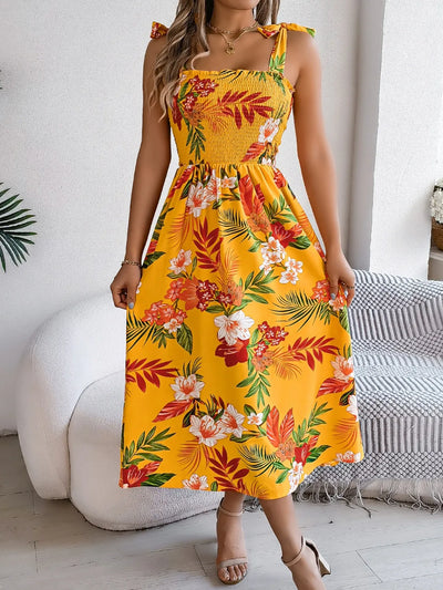Smocked Floral Tie Shoulder Midi Dress