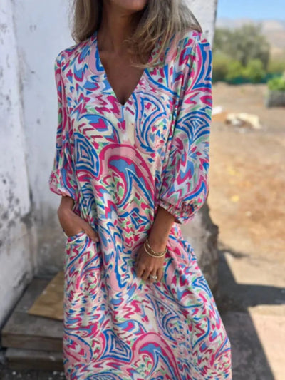 Full Size Printed V-Neck Dress with Pockets Plus Size