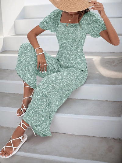 Printed Square Neck Puff Sleeve Jumpsuit
