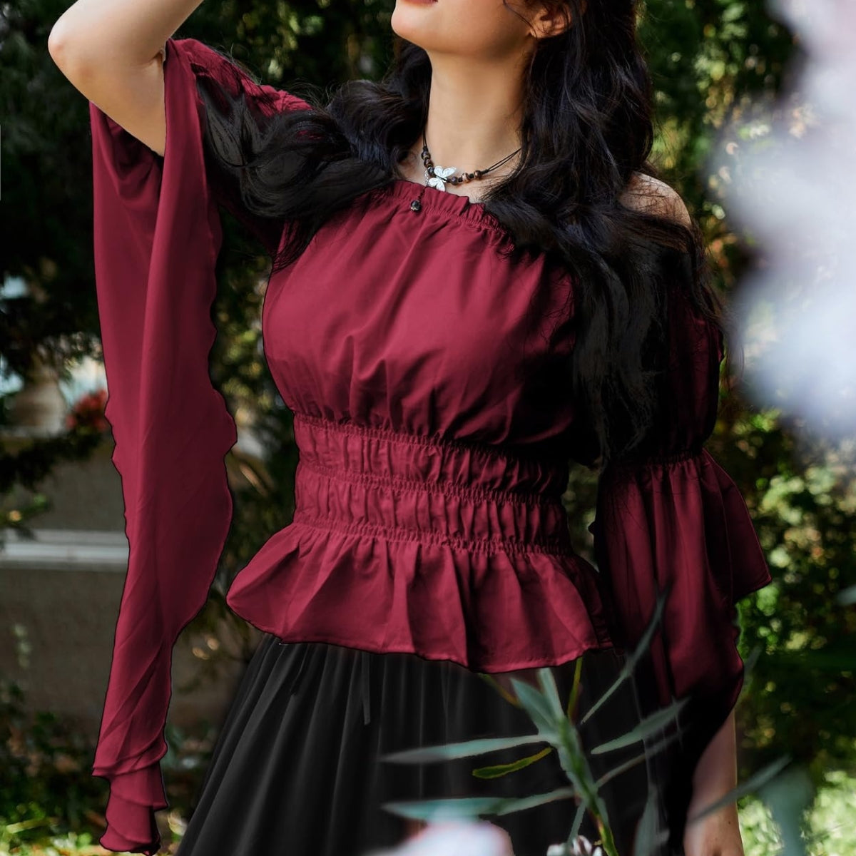 Renaissance Style Ruffle Sleeve Off Shoulder Peplum Blouse