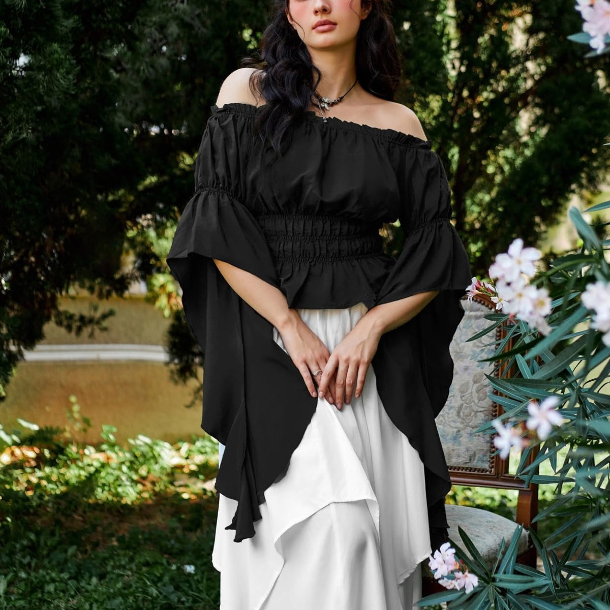 Renaissance Style Ruffle Sleeve Off Shoulder Peplum Blouse