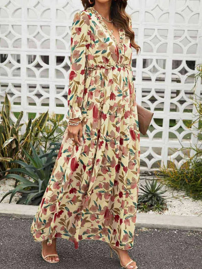 Frill Printed V-Neck Flounce Sleeve Dress